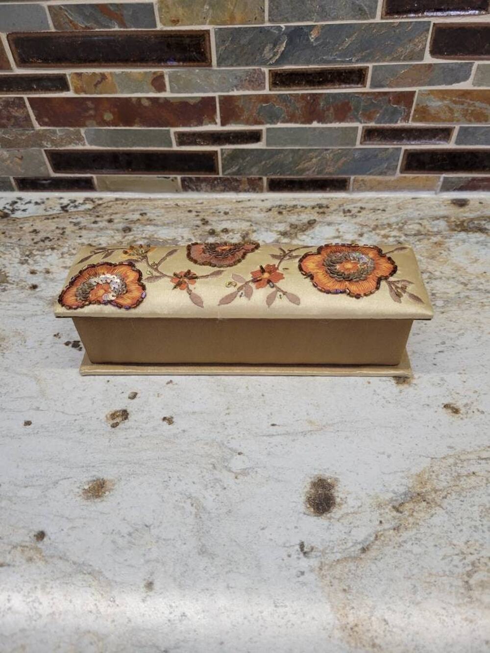 Vintage Beaded Satin Ring Box Rectangular Floral Sequin Hollywood Regency Case